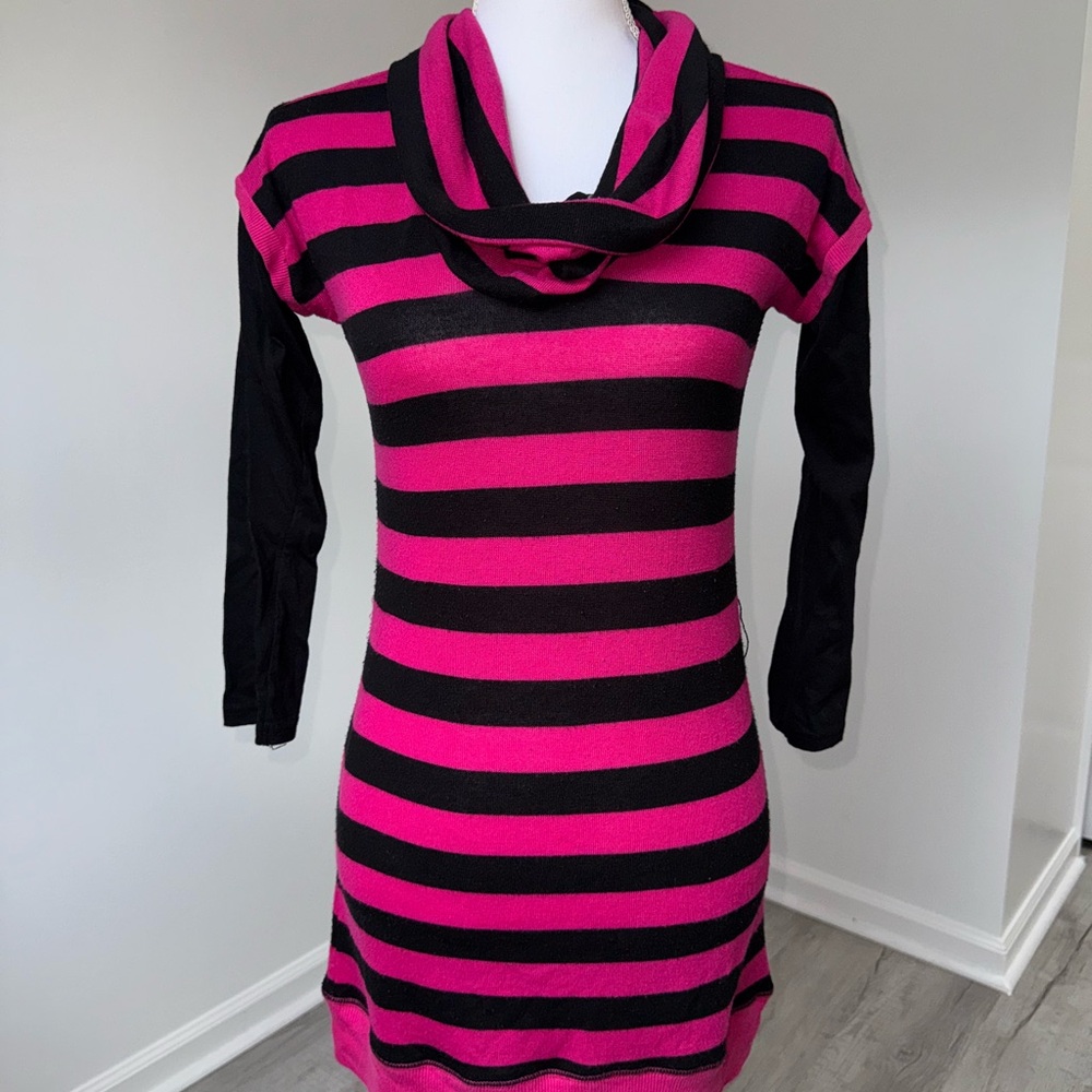 Energie Juniors XL Striped Cowl Neck Tunic Top Pink Black‎ Grunge Alt Emo Cyber